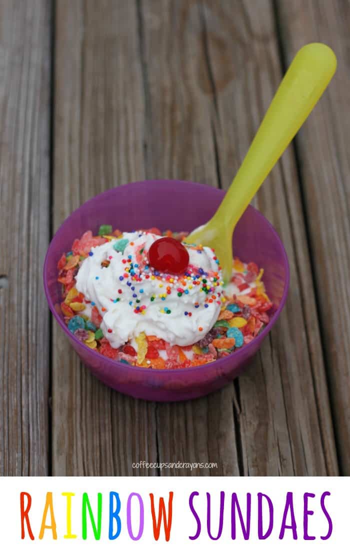 Rainbow Sundaes with Crunch! Shhh...we use Fruity Pebbles as the secret ingredient.