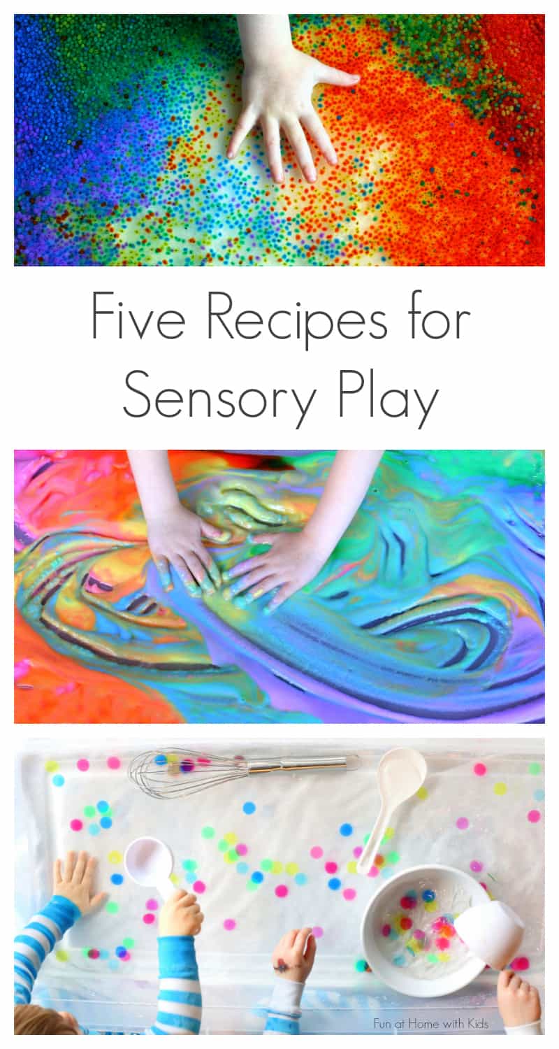 Five simple and fun creative recipes for sensory play.  A perfect way to keep cool this summer!  From Fun at Home with Kids for Coffee Cups and Crayons