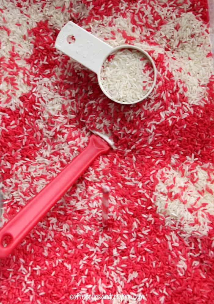 Candy Cane Rice with Peppermint Essential Oil! A wonderful winter sensory bin for preschool kids!