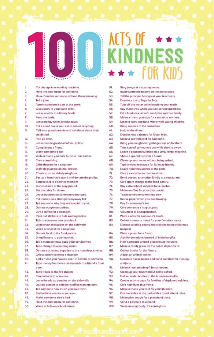 100 Acts of Kindness for Kids!!! Free printable in post!