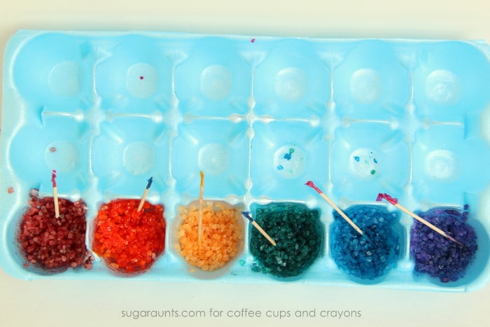 Add food coloring to bath salts for sensory play and art