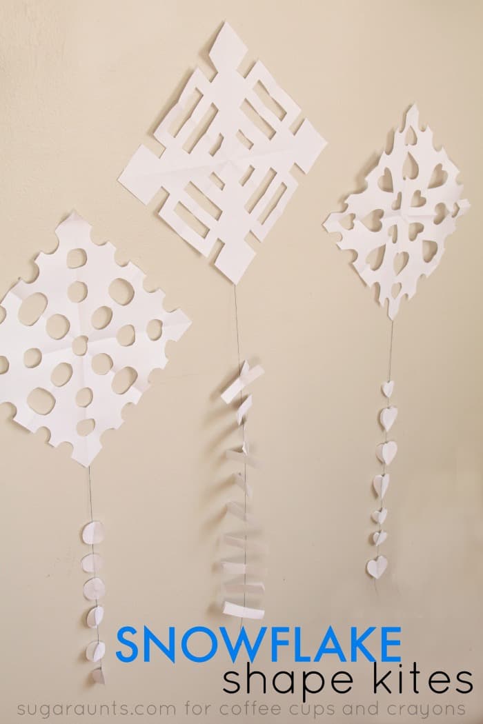 Snowflake Shape Kites! A fun, winter-y way to teach kids about shapes while practicing cutting!