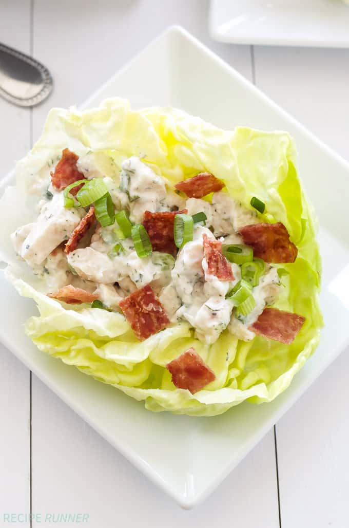 Chicken, Bacon, Ranch, Lettuce Cups | Delicious and light ranch flavored chicken salad with bacon served in lettuce cups! | @reciperunner