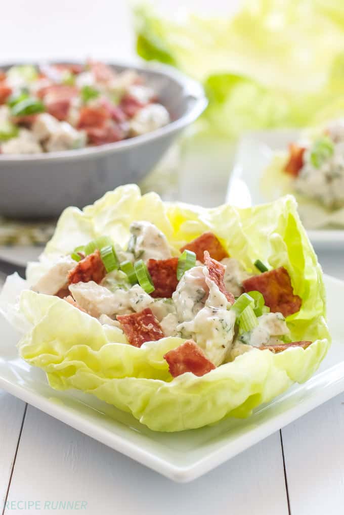 Chicken, Bacon, Ranch, Lettuce Cups | Delicious and light ranch flavored chicken salad with bacon served in lettuce cups! | @reciperunner