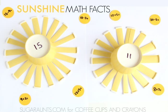 Use yellow paper cups to make this sunshine math facts game for kids!