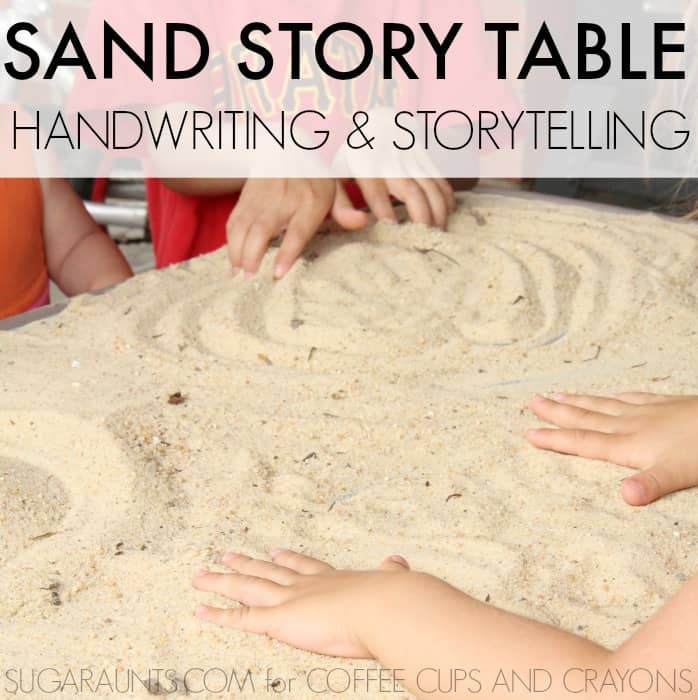 Make your own sensory surface with sand to practice handwriting and storytelling with kids.