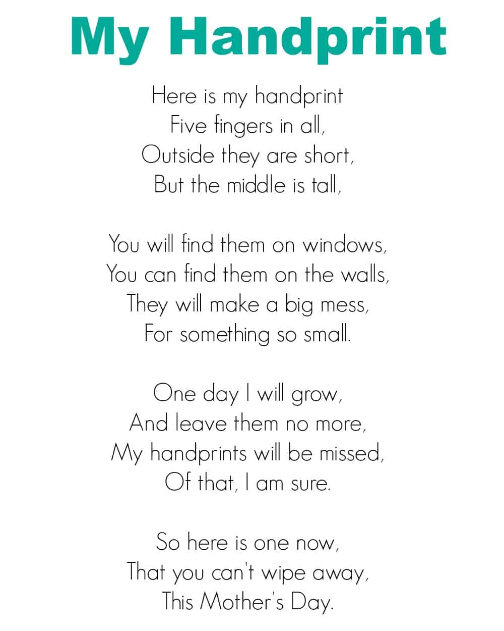 My Handprint Mother's Day Poem 