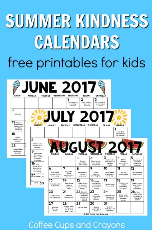 Summer Kindness Calendars for Kids - Coffee Cups and Crayons