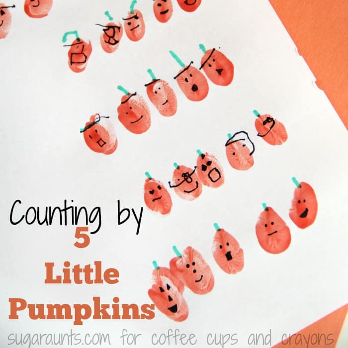 Create fingerpirnt pumpkins to go along with this Five Little Pumpkins counting by Fives activity for Halloween.