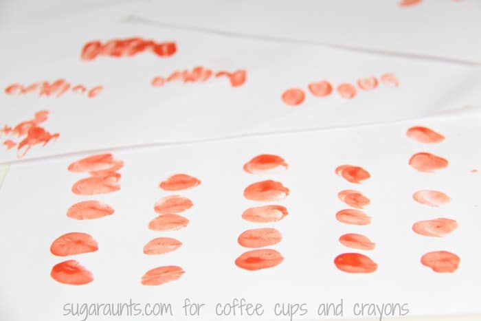 Make fingerprints to go along with this five little pumpkins counting by fives activity.