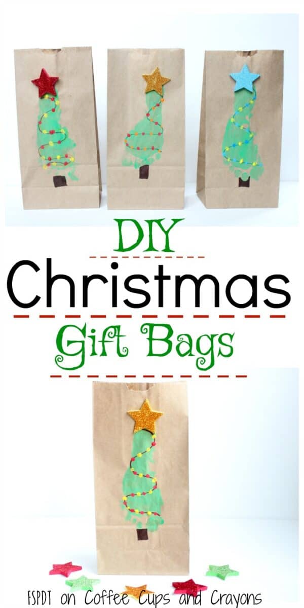 DIY Christmas Tree Footprint Gift Bags - Coffee Cups and Crayons