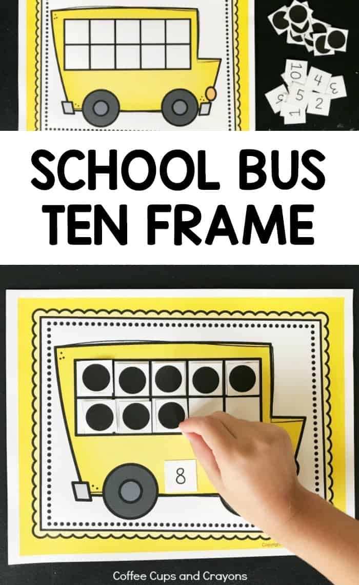 Printable School Bus Ten Frame Activity Coffee Cups and Crayons