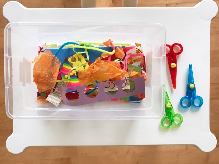 Set up a cutting tray for toddler scissor practice!