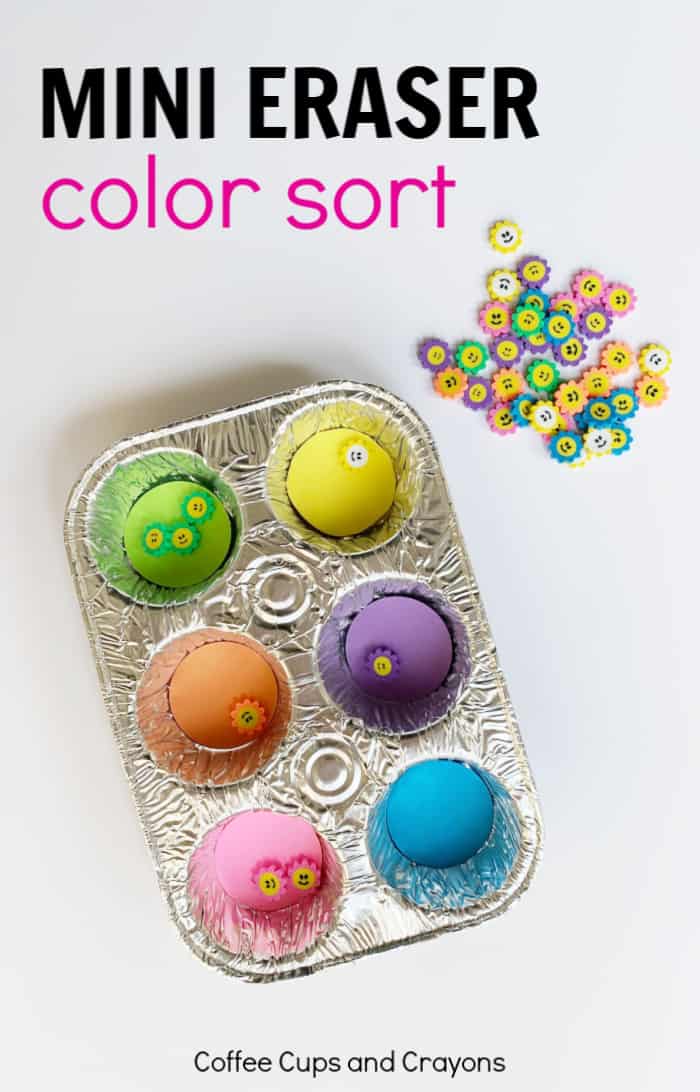 mini eraser color sort in a muffin tin