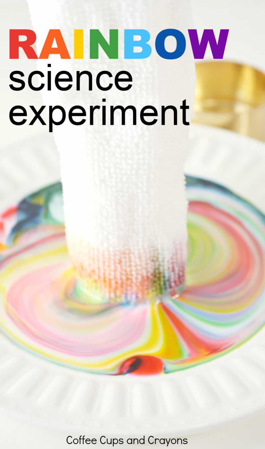 rag being dipped in liquid and food coloring with text Rainbow science experiment