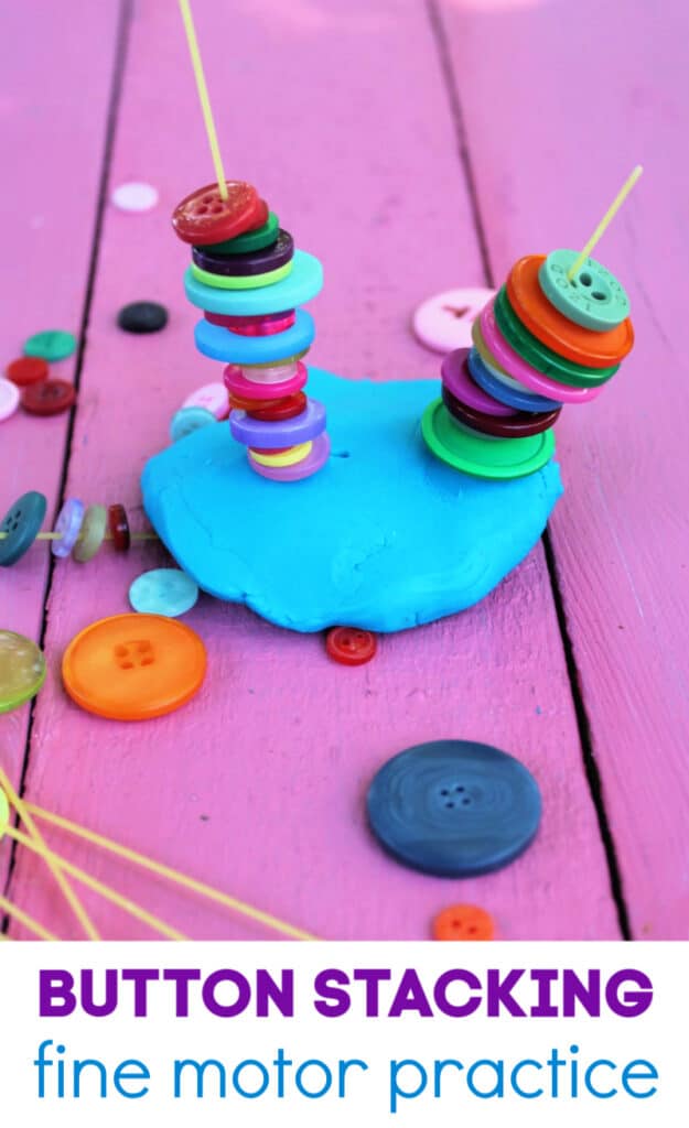 button stacking with many buttons on dry spaghetti stuck in play dough