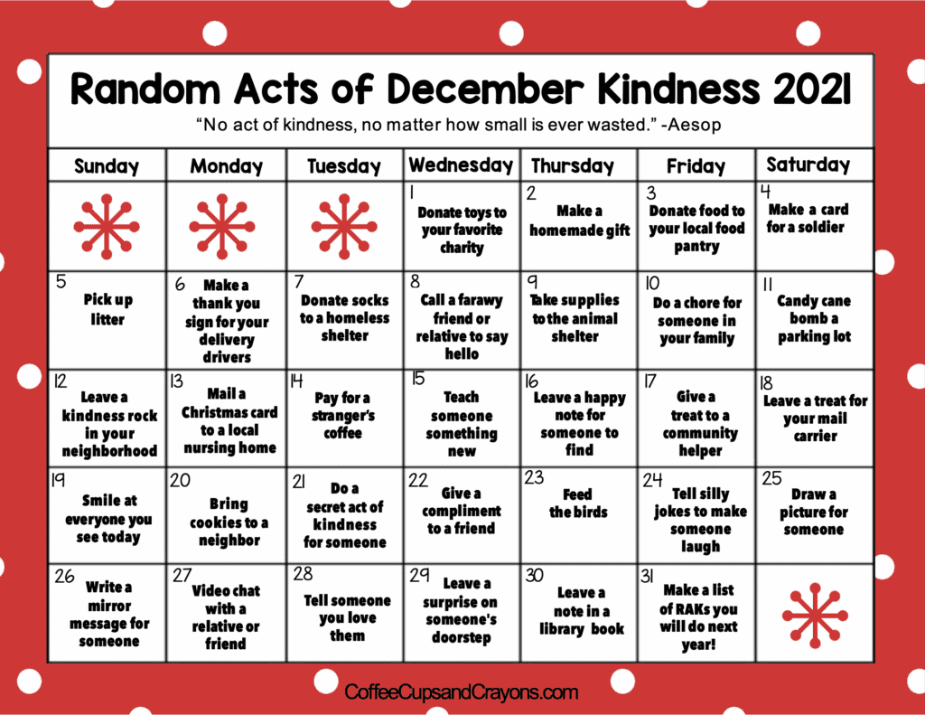 2021 calendar with random acts of Christmas kindness on each day