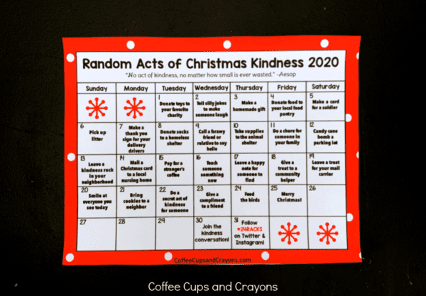 2020 Random Acts of Kindness Christmas Calendar - Coffee Cups and Crayons