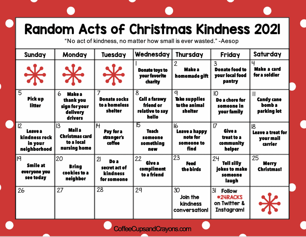 2021 Christmas Calendar with Acts of Kindness Written on Each Day