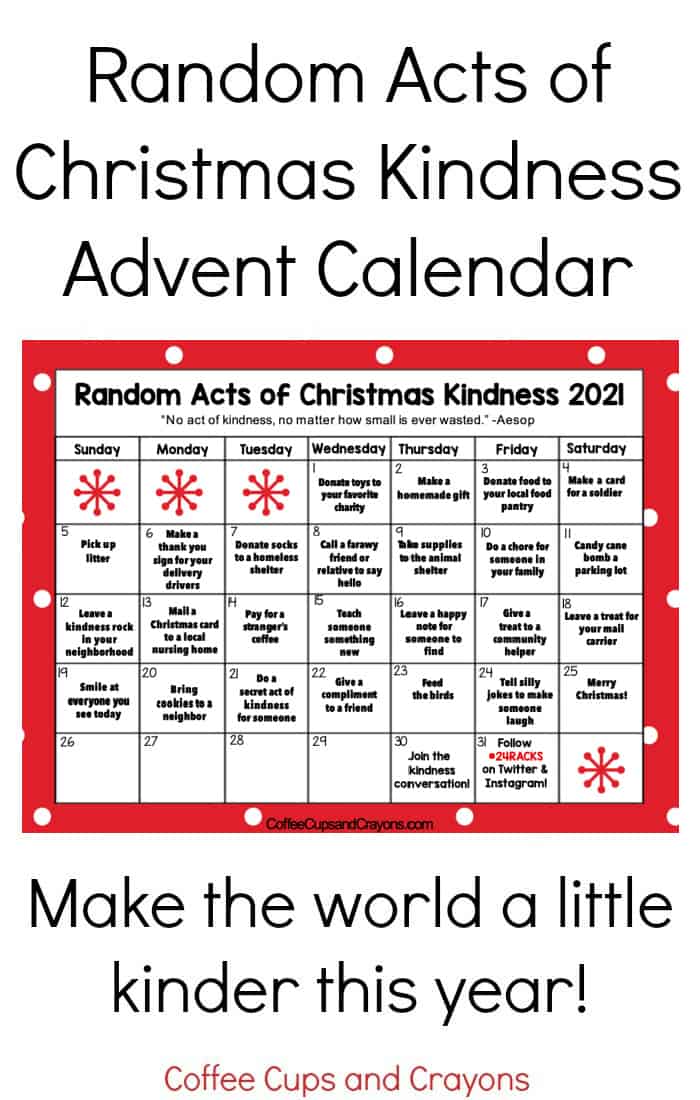 A red bordered calendar on a white background witht Random Acts of Christmas Kindness Advent Calendar on it
